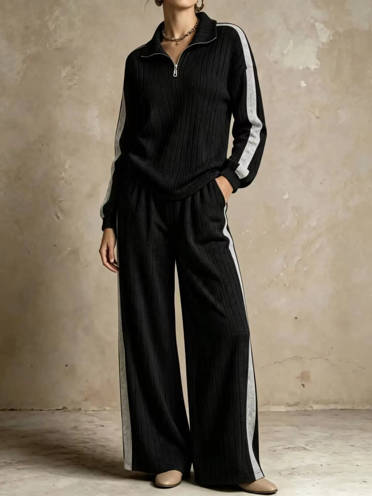Ribbed Half Zip Two Piece Set — Wide Leg Knit Outfit 6