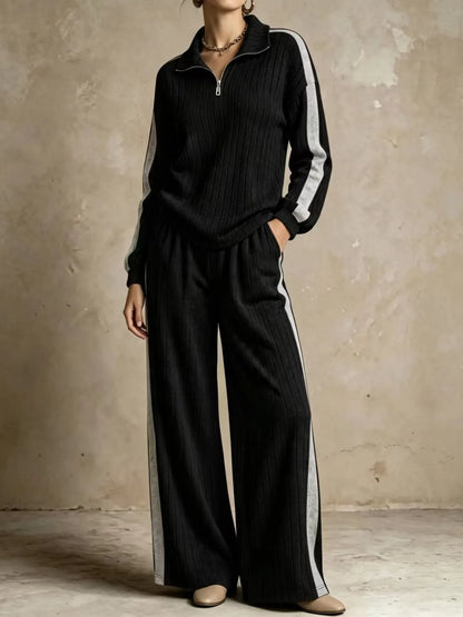Ribbed Half Zip Two Piece Set — Wide Leg Knit Outfit 6