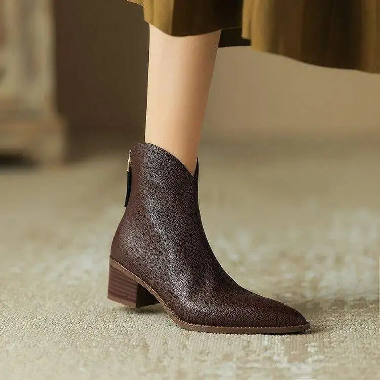 Vegan Leather Pointed Toe Ankle Boots — Slip-On Low Heel 1