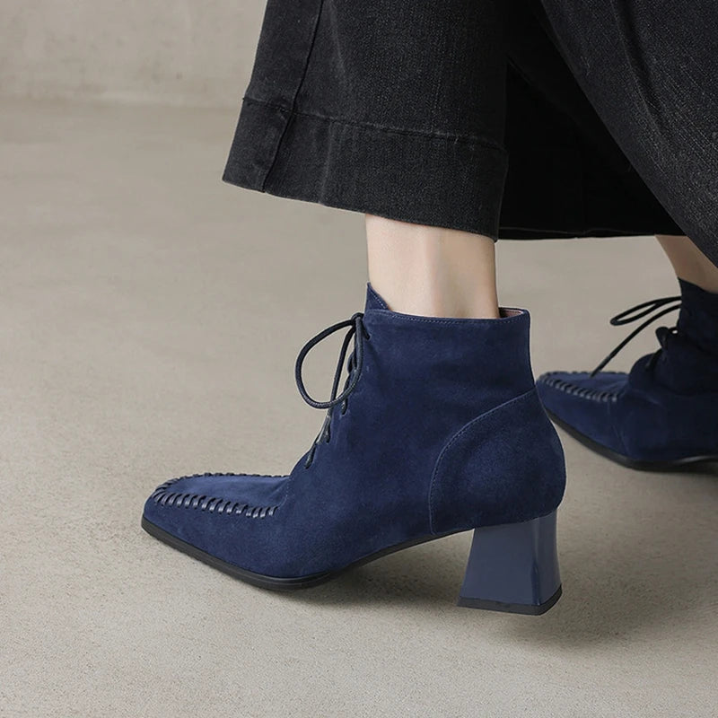 Suede Lace-Up Ankle Boot — Square Toe Low Block Heel 2