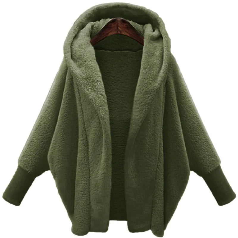 Open Front Fleece Coat — Oversized Hooded Batwing Women 1