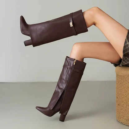 Square Heel Knee-High Boots — Pointed Toe & Metal Strap 2