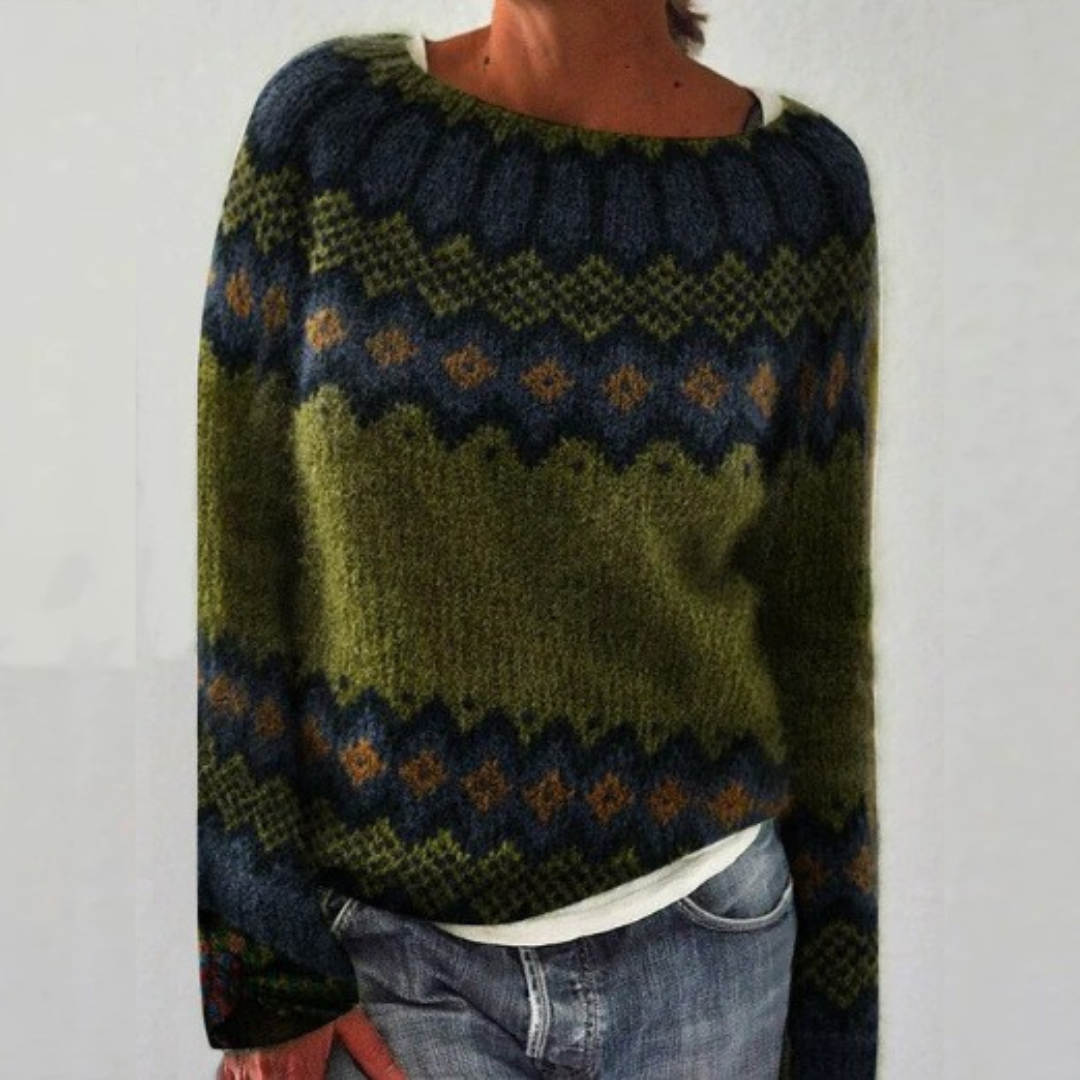Fair Isle Oversized Knit Sweater — Crew Neck Women's Style 3