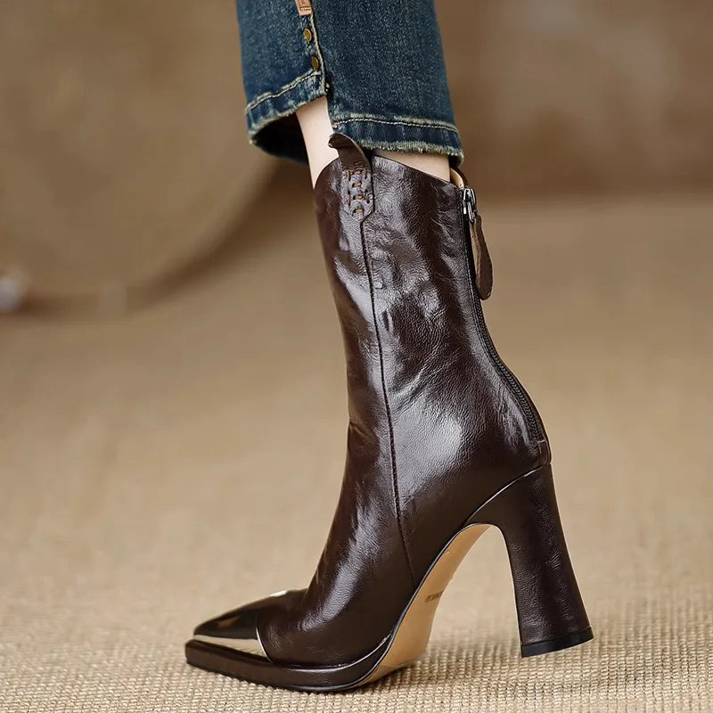 Pointed-Toe Ankle Boots with Block Heel & Metal Cap Toe 6