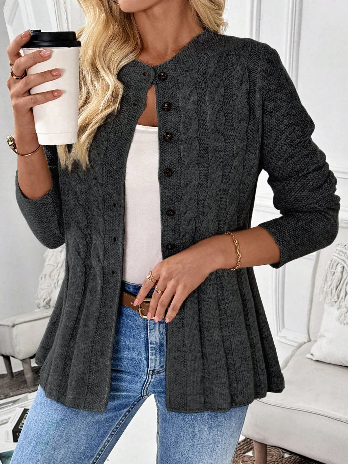 Ribbed Cable Knit Cardigan — Longline Cinched Waist Style 7