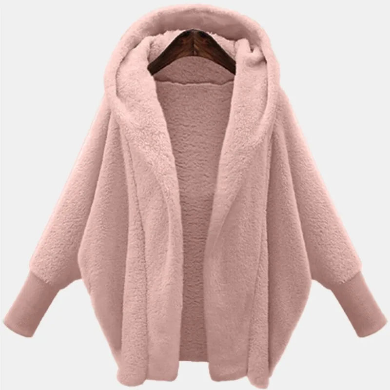 Open Front Fleece Coat — Oversized Hooded Batwing Women 2