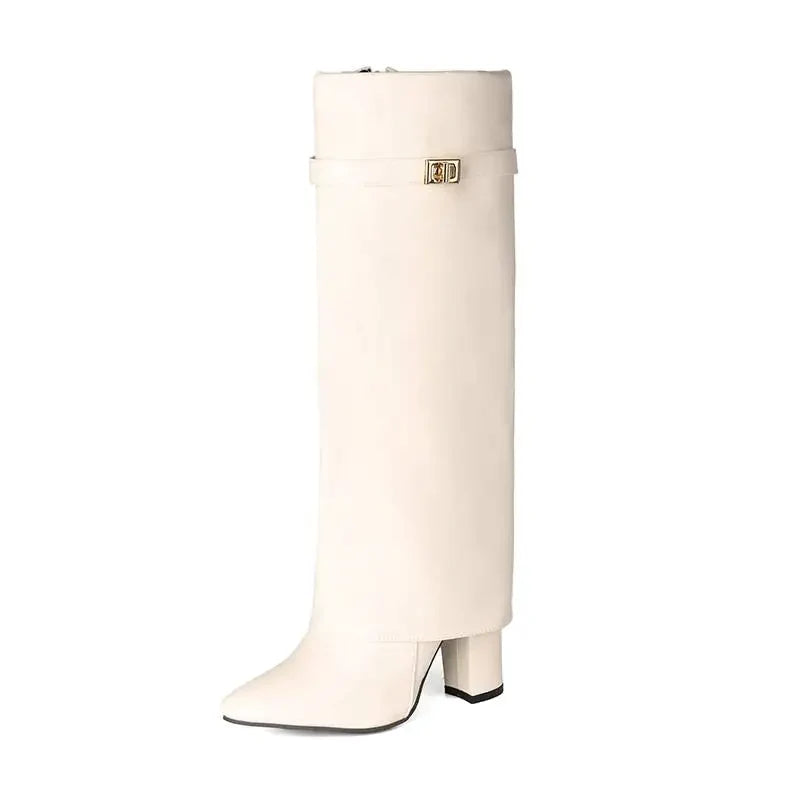 Square Heel Knee-High Boots — Pointed Toe & Metal Strap 10