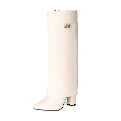 Square Heel Knee-High Boots — Pointed Toe & Metal Strap 10