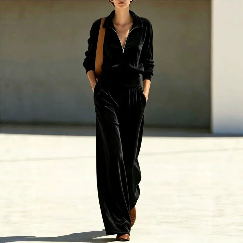 Velvet Half-Zip Tracksuit Set — Wide Leg Velour Outfit 5