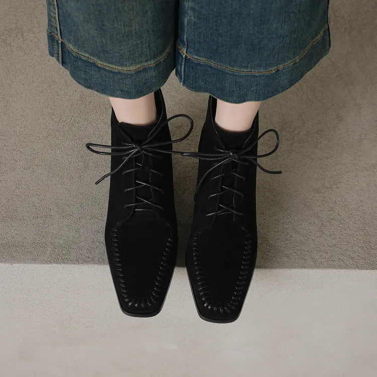 Suede Lace-Up Ankle Boot — Square Toe Low Block Heel 10