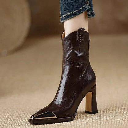 Pointed-Toe Ankle Boots with Block Heel & Metal Cap Toe 5