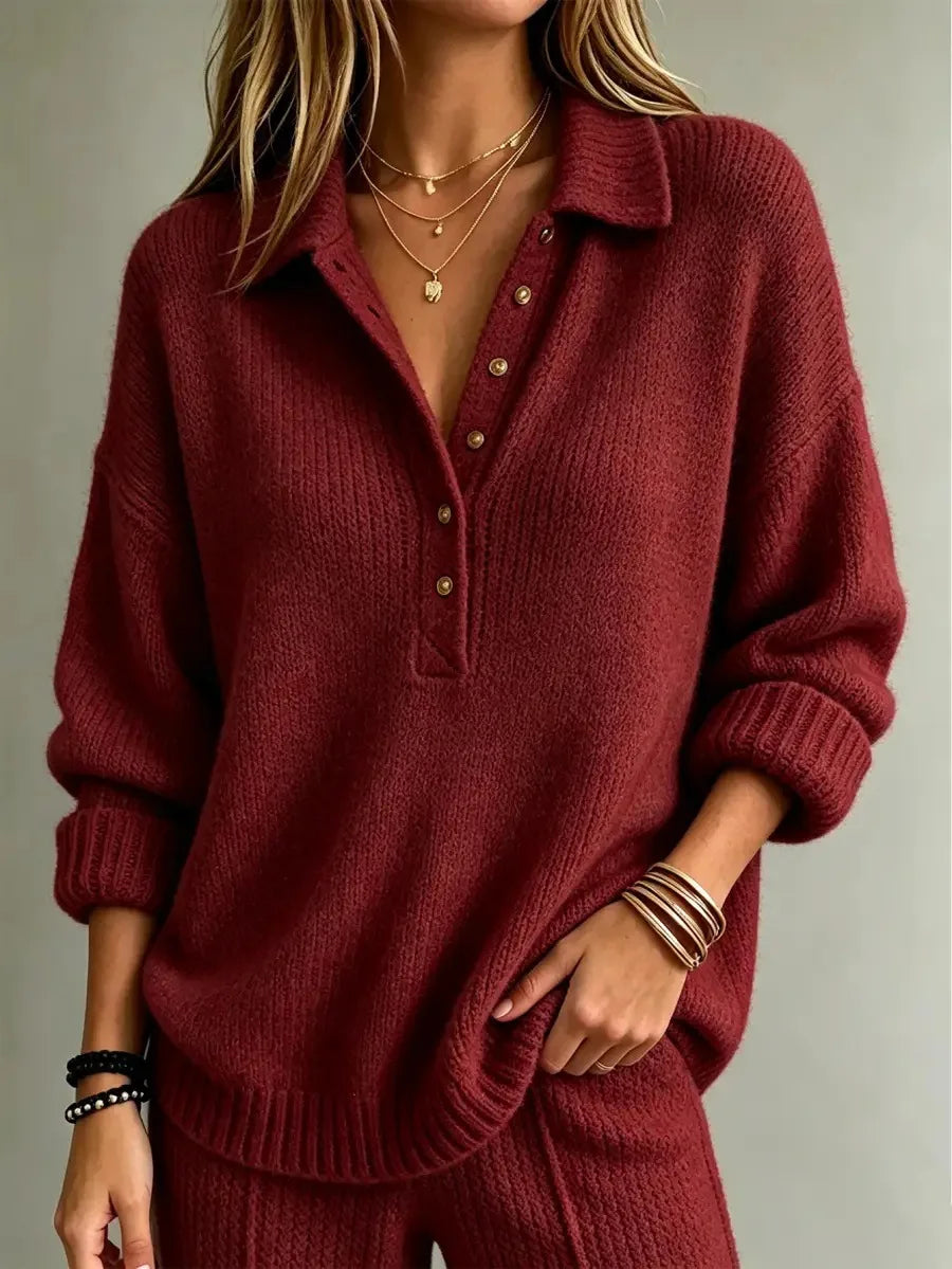 Button Neck Polo Sweater — Ribbed Dropped Shoulder Knit 7