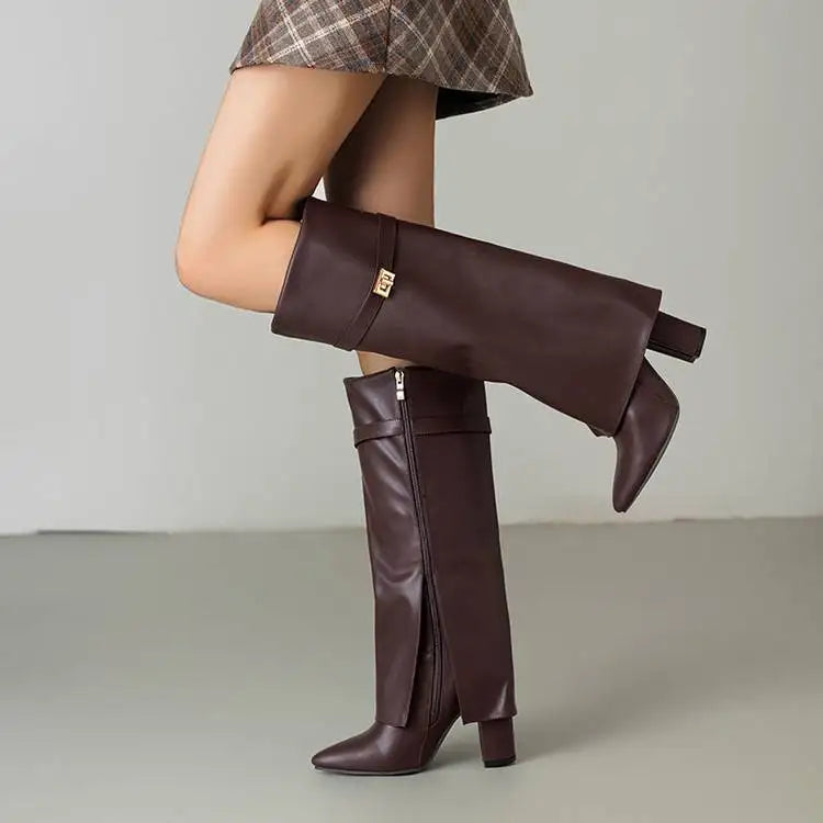 Square Heel Knee-High Boots — Pointed Toe & Metal Strap 1