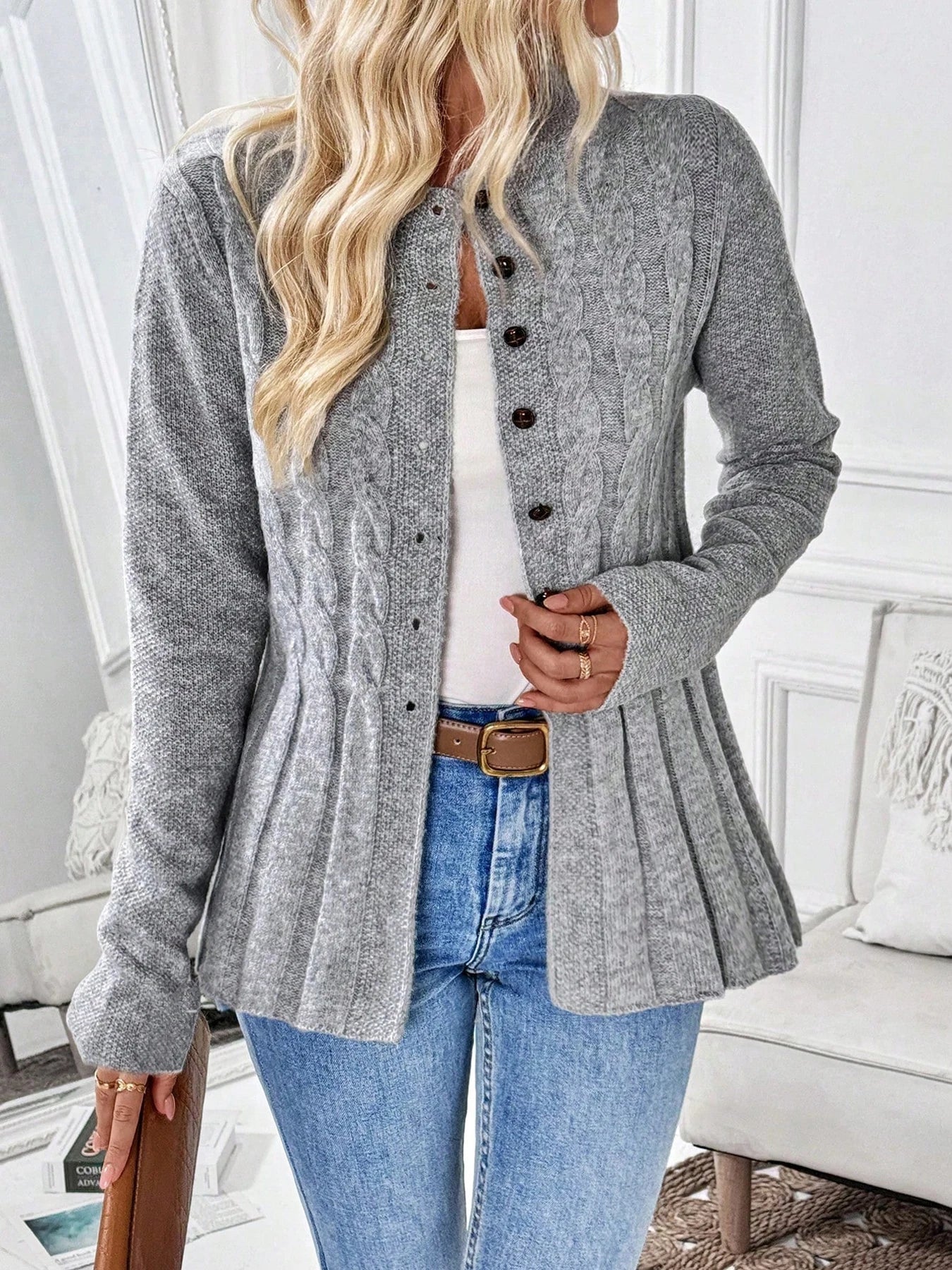 Ribbed Cable Knit Cardigan — Longline Cinched Waist Style 1