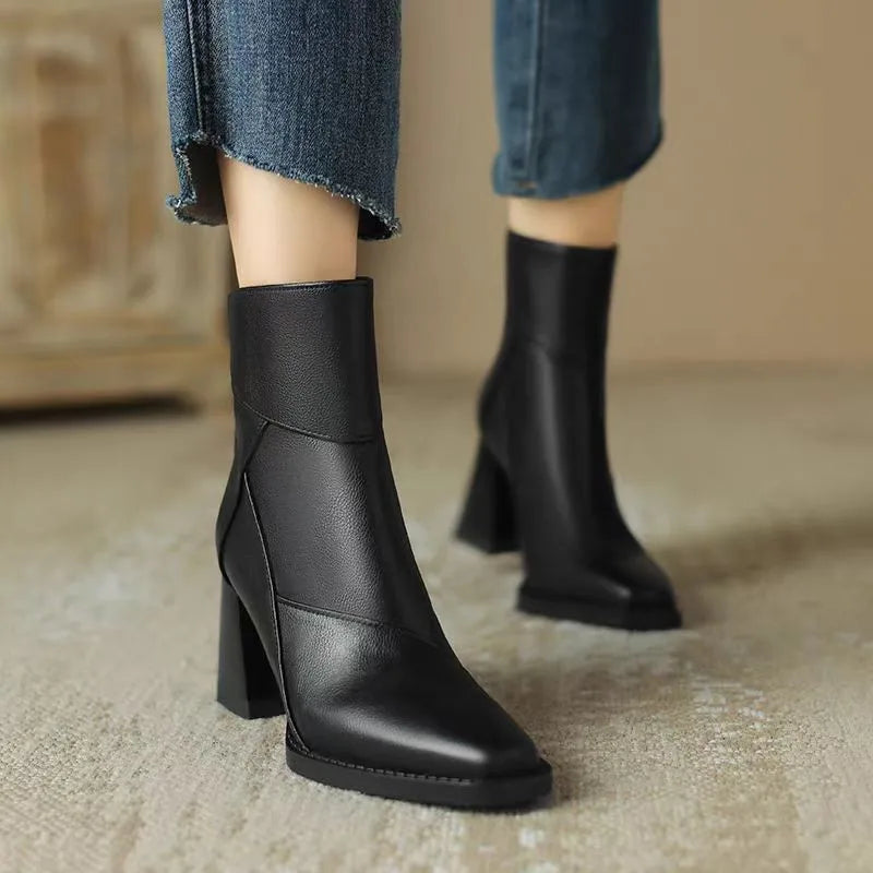 Meredith Leather Ankle Boots — Square Toe Block Heel 3