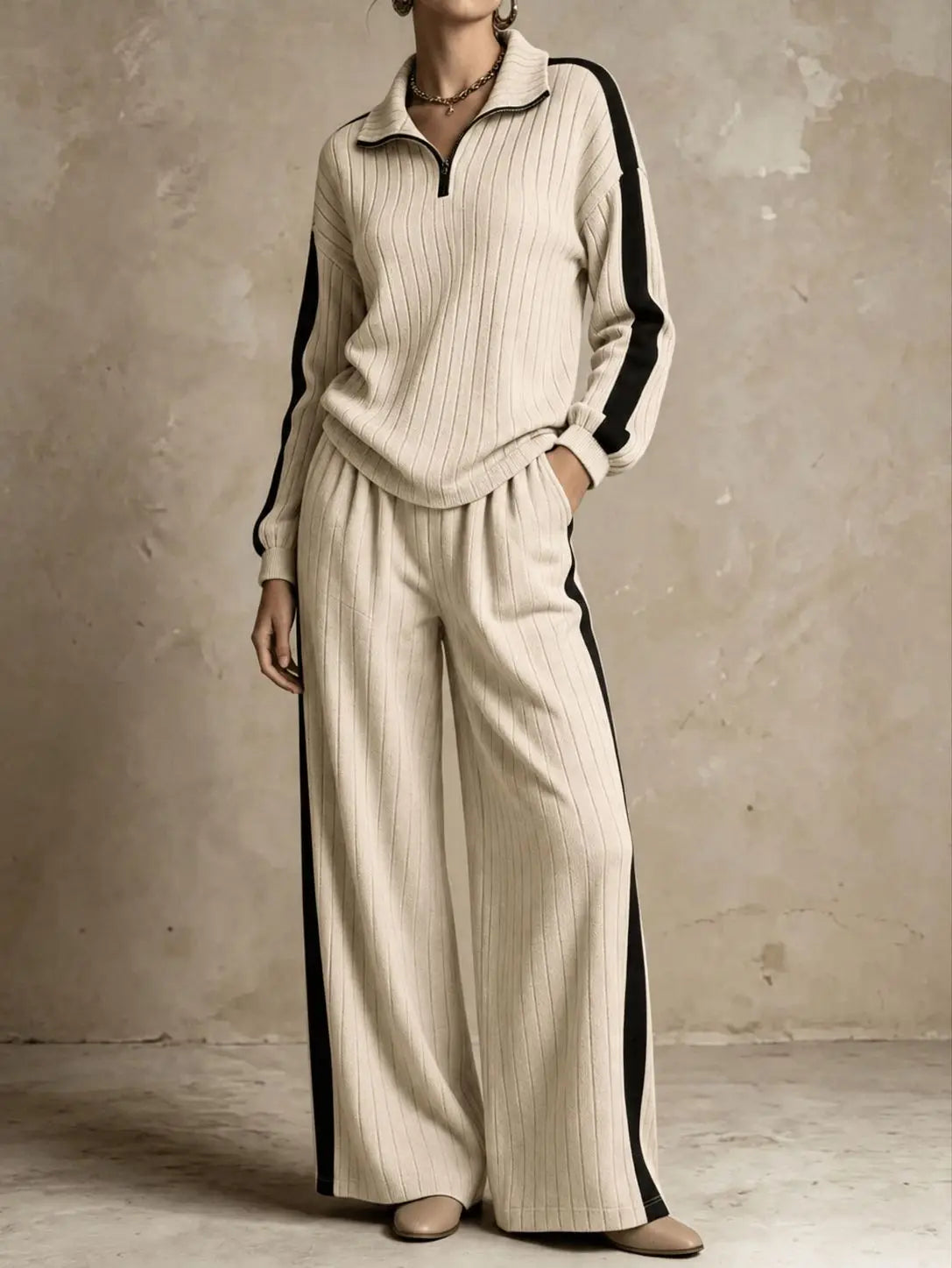 Ribbed Half Zip Two Piece Set — Wide Leg Knit Outfit 4