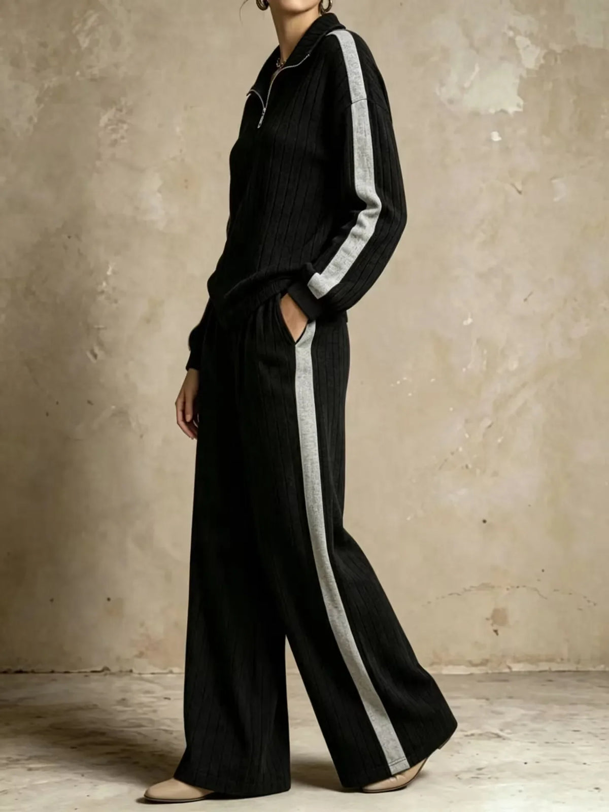 Ribbed Half Zip Two Piece Set — Wide Leg Knit Outfit 7