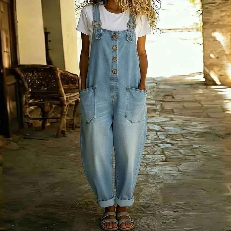 Vintage Soft Cotton Denim-Look Overalls — Adjustable Straps 1