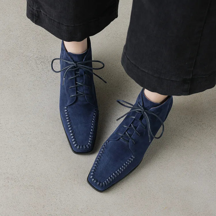 Suede Lace-Up Ankle Boot — Square Toe Low Block Heel 8