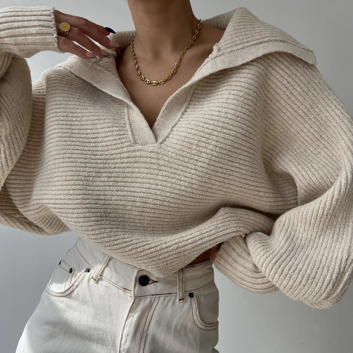 Ribbed Knit Sweater — Foldover Collar & Split Neckline 5