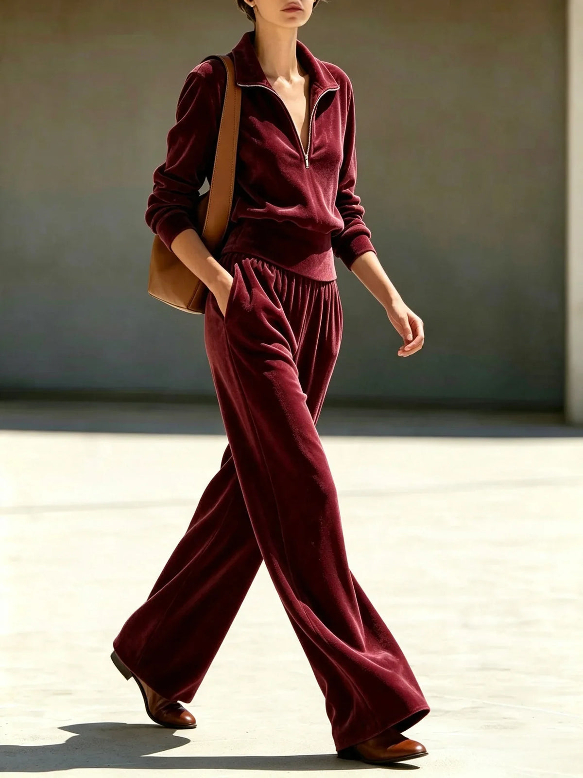 Velvet Half-Zip Tracksuit Set — Wide Leg Velour Outfit 7