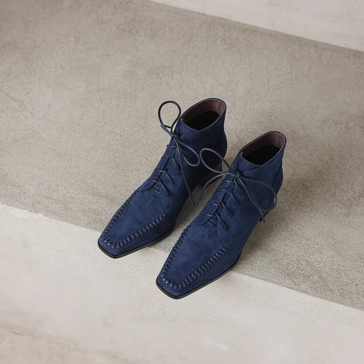 Suede Lace-Up Ankle Boot — Square Toe Low Block Heel 6