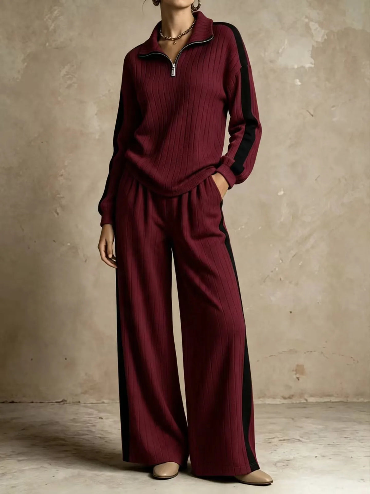 Ribbed Half Zip Two Piece Set — Wide Leg Knit Outfit 2