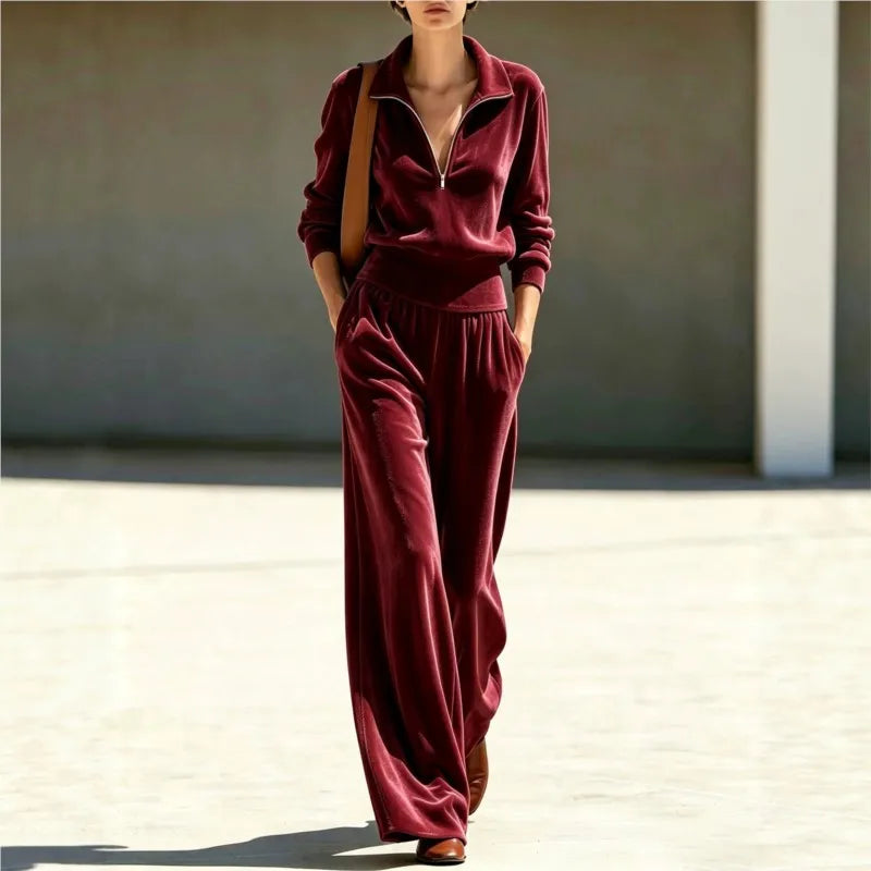 Velvet Half-Zip Tracksuit Set — Wide Leg Velour Outfit 6