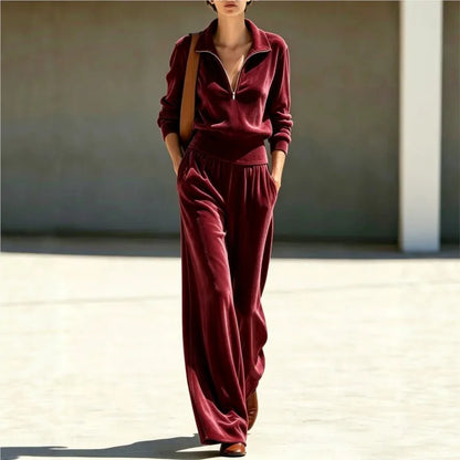 Velvet Half-Zip Tracksuit Set — Wide Leg Velour Outfit 6