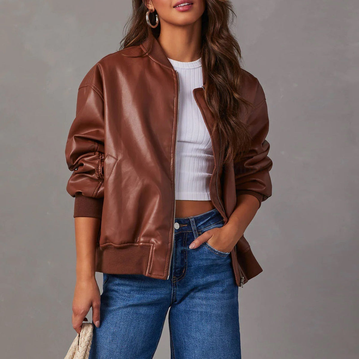 Women's Vegan Leather Bomber Jacket — Relaxed Zip-Up Fit 1