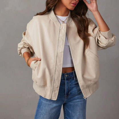 Women's Vegan Leather Bomber Jacket — Relaxed Zip-Up Fit 2