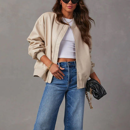 Women's Vegan Leather Bomber Jacket — Relaxed Zip-Up Fit 6