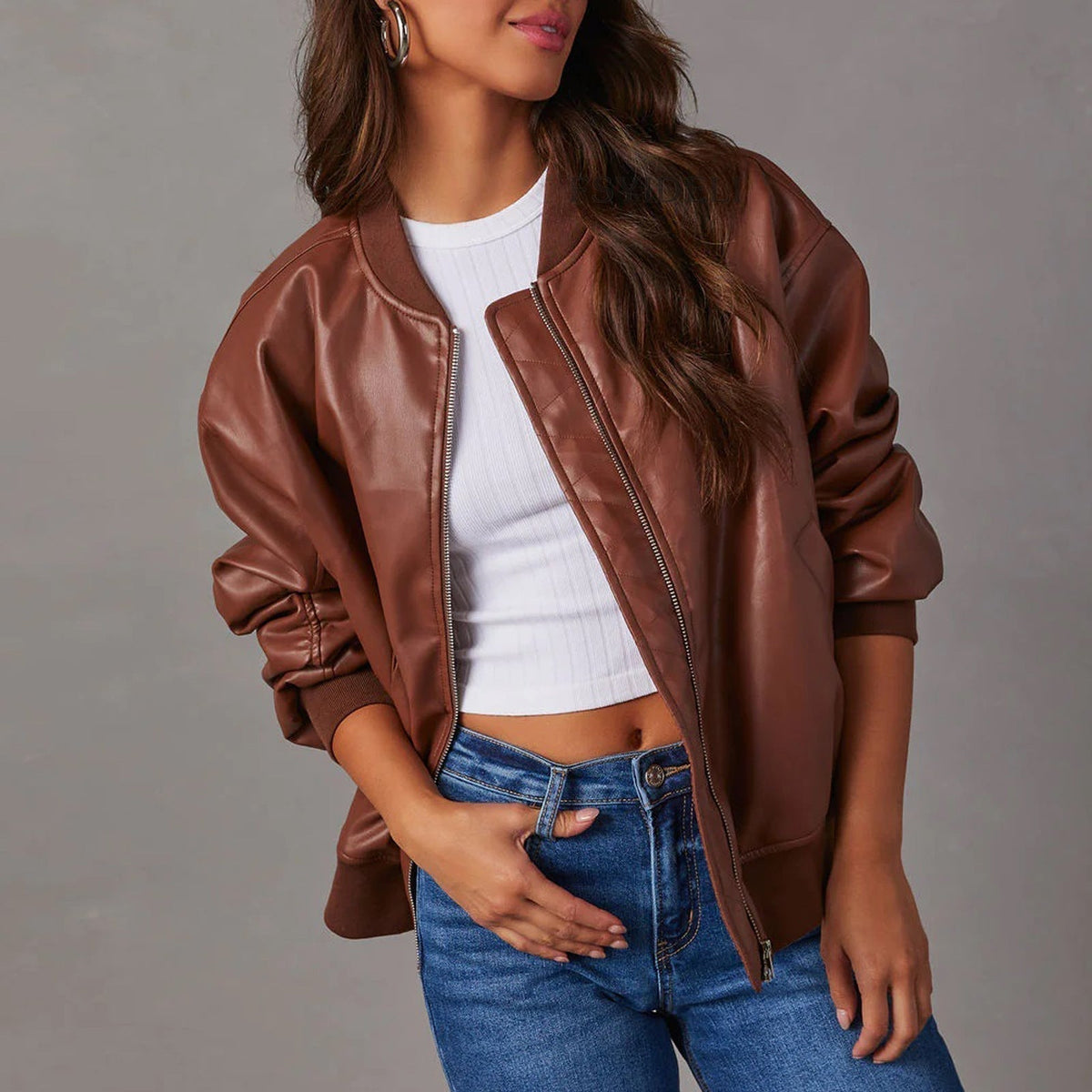 Women's Vegan Leather Bomber Jacket — Relaxed Zip-Up Fit 7