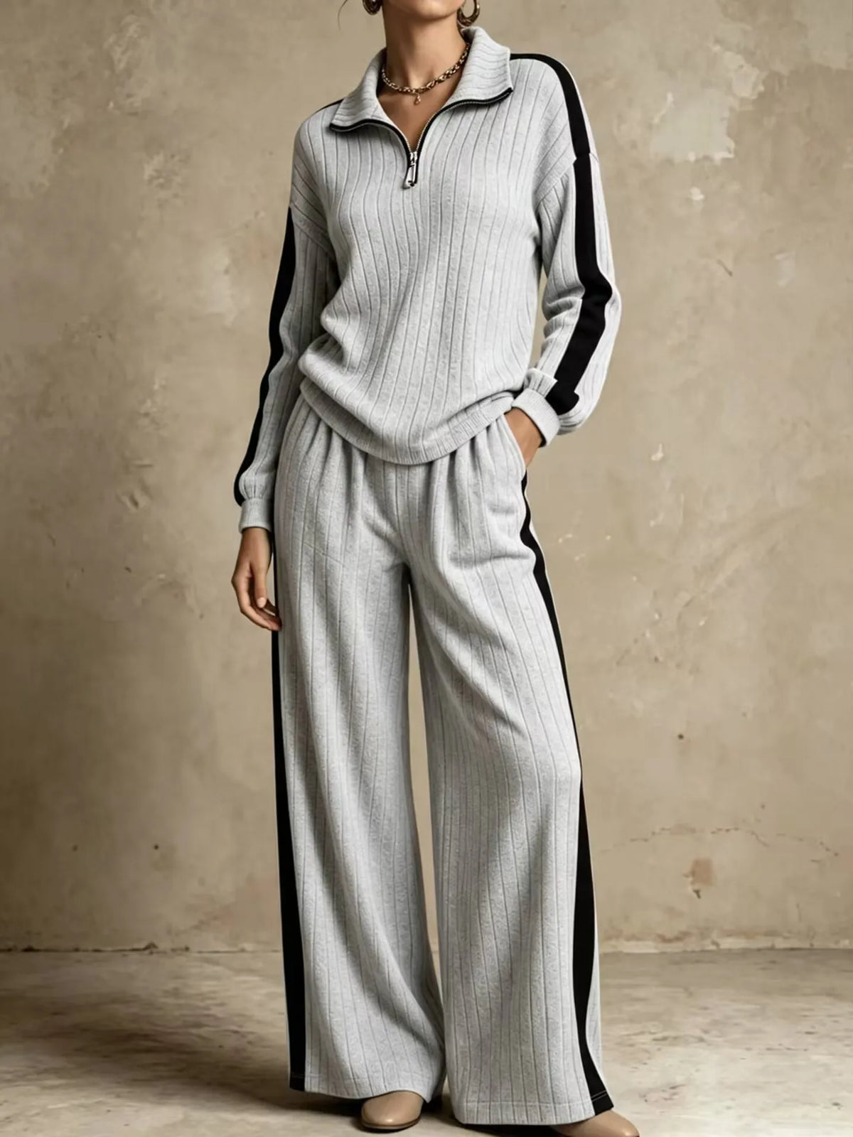 Ribbed Half Zip Two Piece Set — Wide Leg Knit Outfit 1
