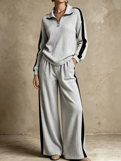 Ribbed Half Zip Two Piece Set — Wide Leg Knit Outfit 1