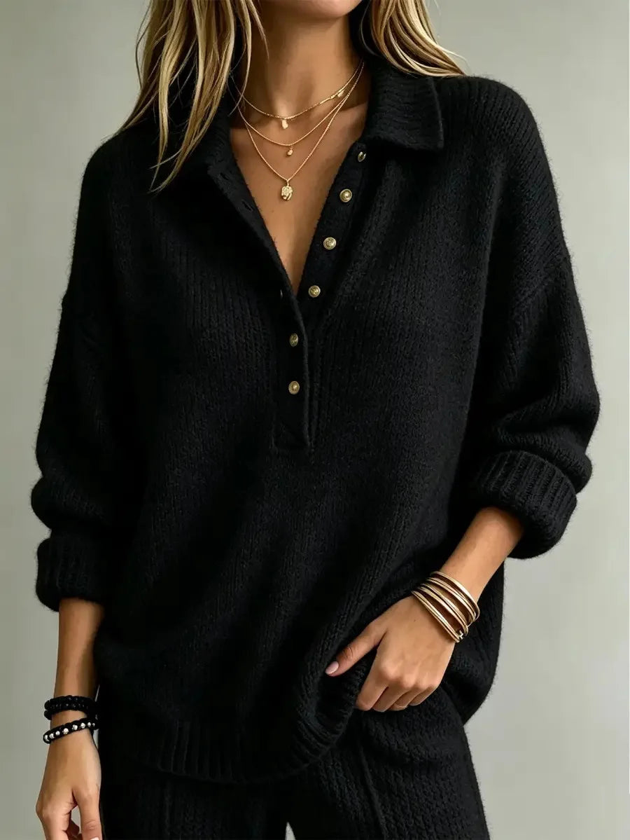 Button Neck Polo Sweater — Ribbed Dropped Shoulder Knit 5