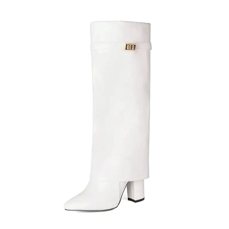 Square Heel Knee-High Boots — Pointed Toe & Metal Strap 9
