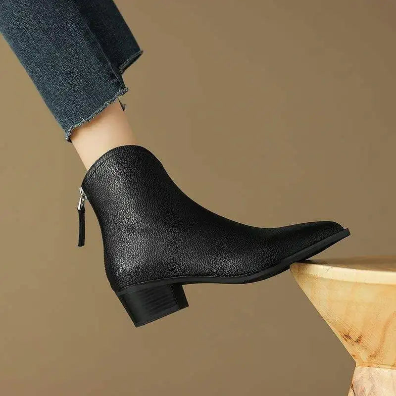 Vegan Leather Pointed Toe Ankle Boots — Slip-On Low Heel 4