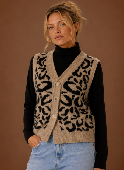 Leopard Print Sweater Vest for Women — Button Front V-Neck 1