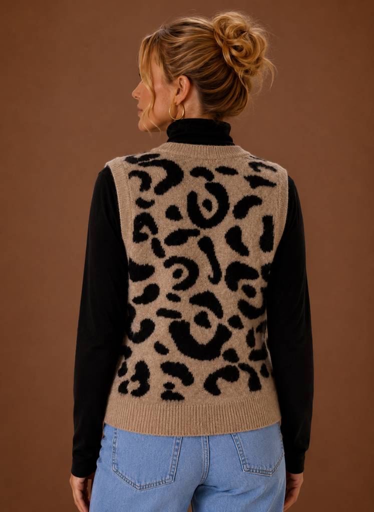 Leopard Print Sweater Vest for Women — Button Front V-Neck 2