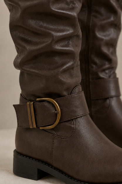 Gilmelle | Women's Brown Buckle Knee-High Boots