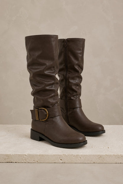Gilmelle | Women's Brown Buckle Knee-High Boots