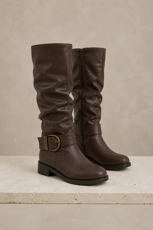 Gilmelle | Women's Brown Buckle Knee-High Boots