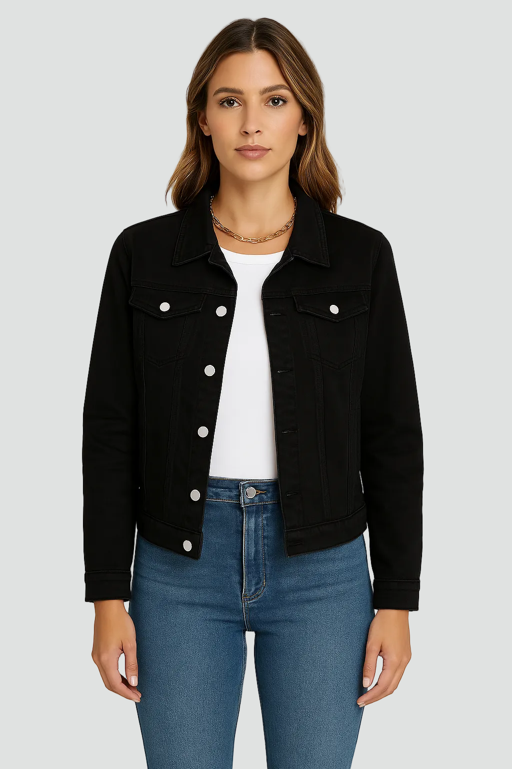 Women's Fitted Denim Jacket — Button Closure & Pockets 1