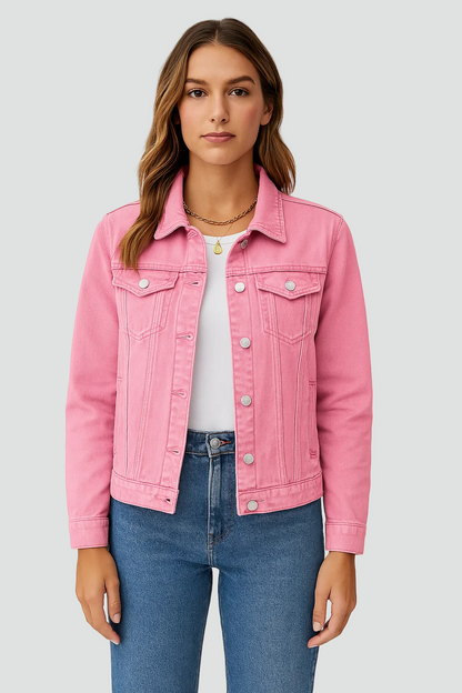 Women's Fitted Denim Jacket — Button Closure & Pockets 4