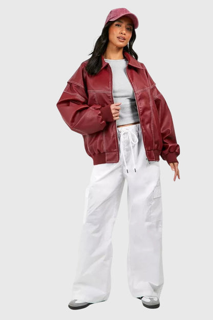 Faye™ Oversized Red Leather Jacket — Women's Statement Coat 6