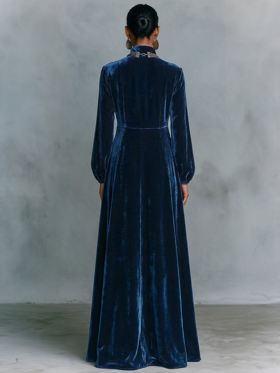 Vintage Velvet Maxi Dress — Button Front Floor-Length Gown 4