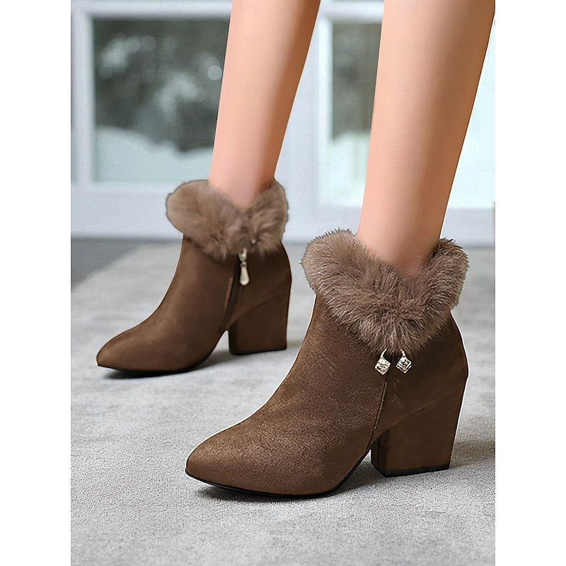 Fur-Trimmed Block Heel Ankle Boots — Women's Side Zip 4