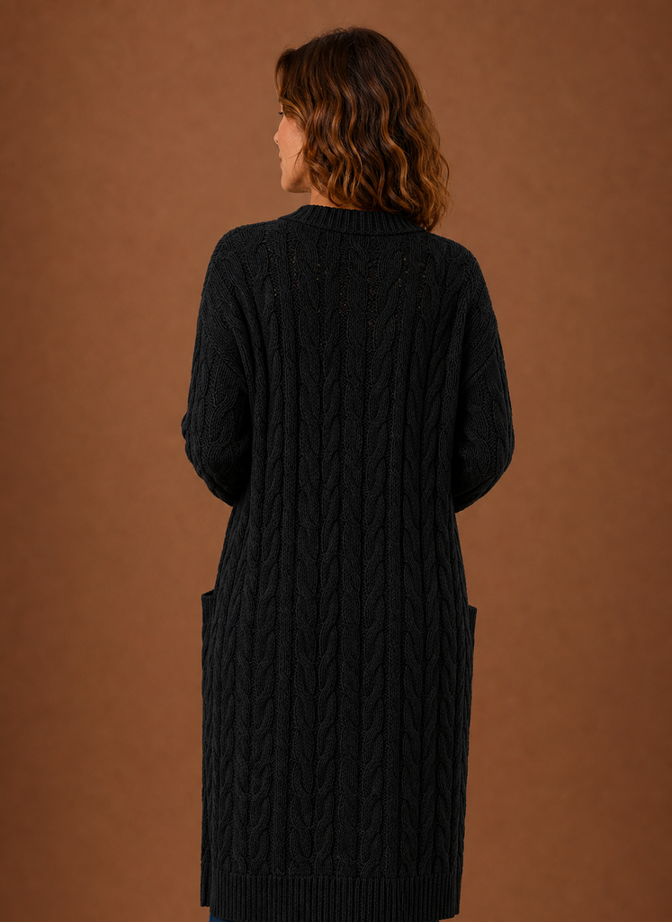 Hooded Cable Knit Cardigan Women — Chunky Duster Length 7