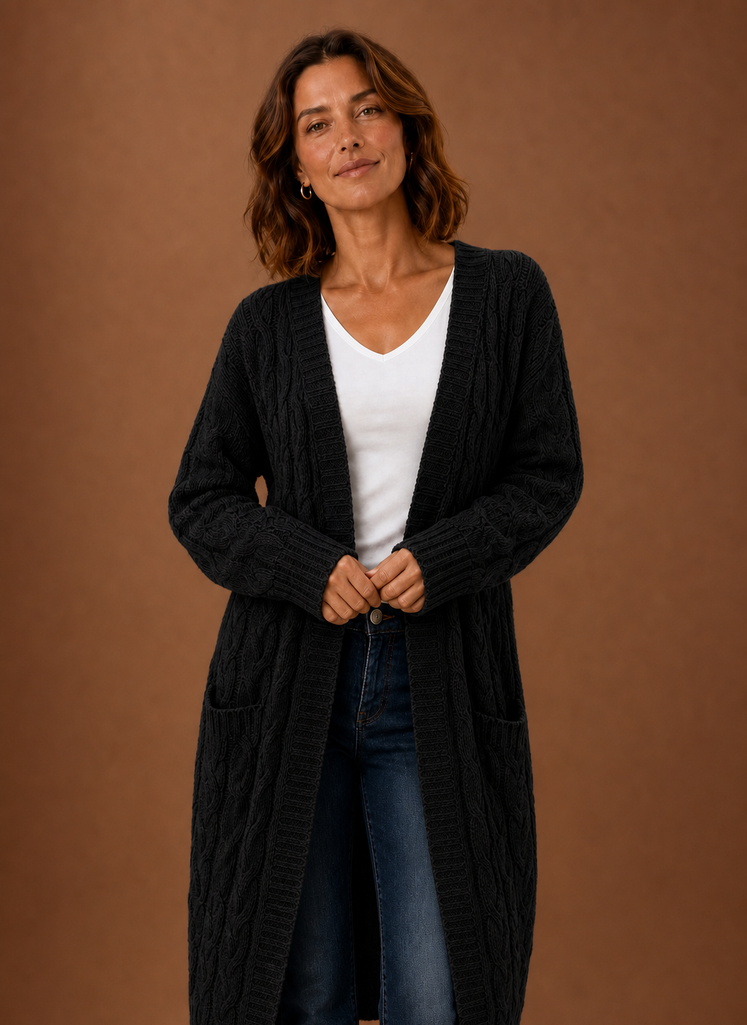 Hooded Cable Knit Cardigan Women — Chunky Duster Length 5